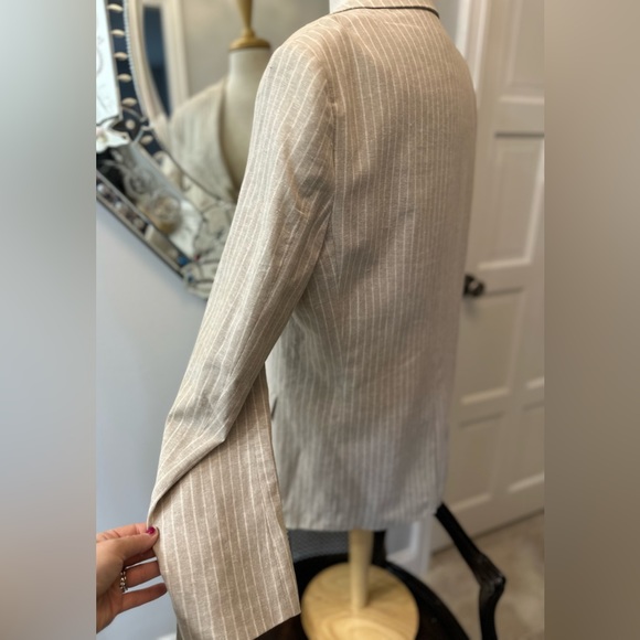 NWOT Beige White Perry Ellis Pin Stripe Linen Cotton Stud Boss Blazer 42R - Picture 6 of 15